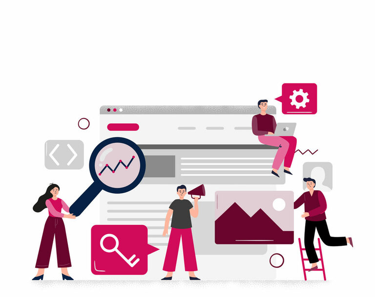 SEO-Analyse & Onpage-Optimierung Illustration: Verschiedene Personen um einen Bildschirm herum.