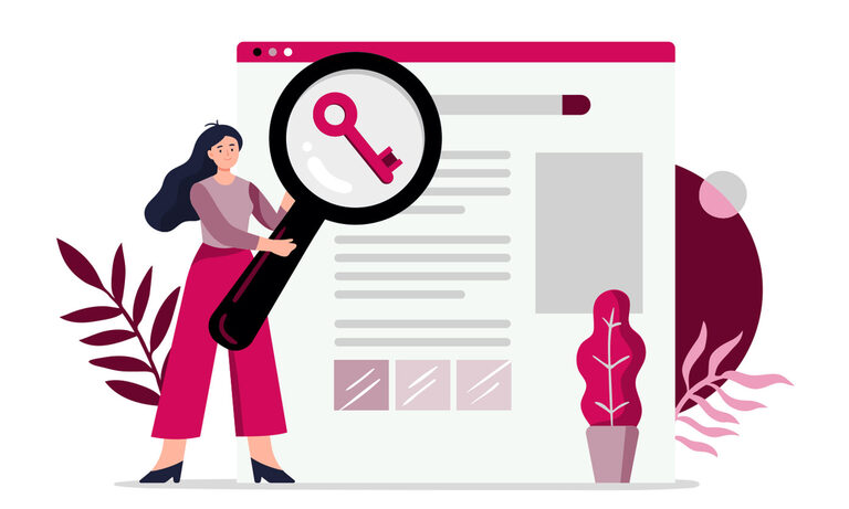 Die richtigen Keywords Illustration: Frau mit Lupe auf Schlüssel. Im Hintergrund Website.