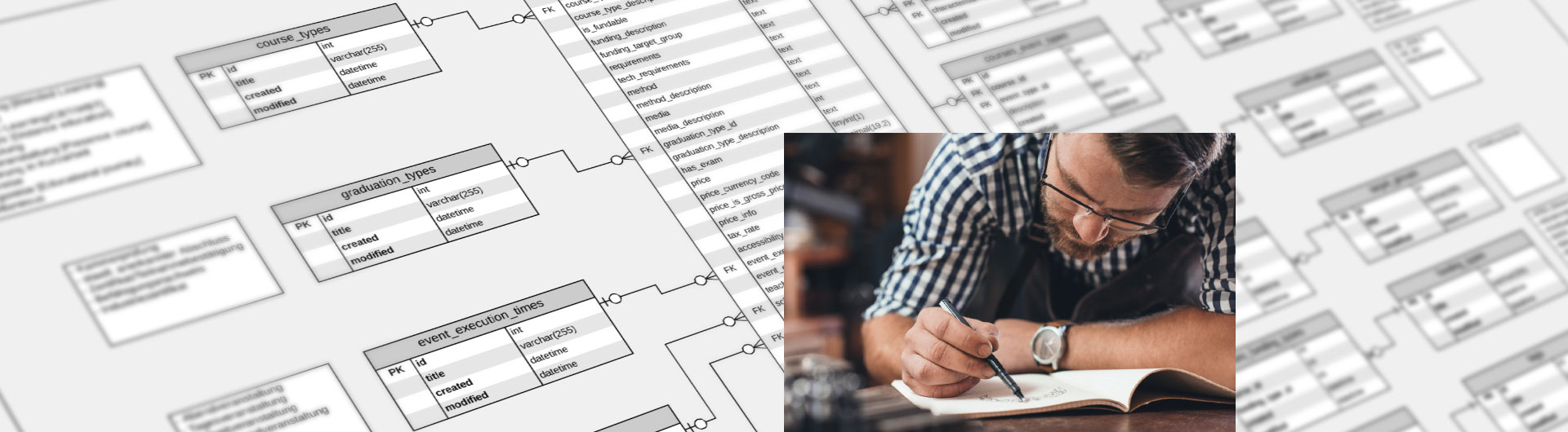 Realisation des technischen Konzepts durch unsere Softwareentwickler Grafik: Mann schreibt in ein Heft, vor einem Schaubild