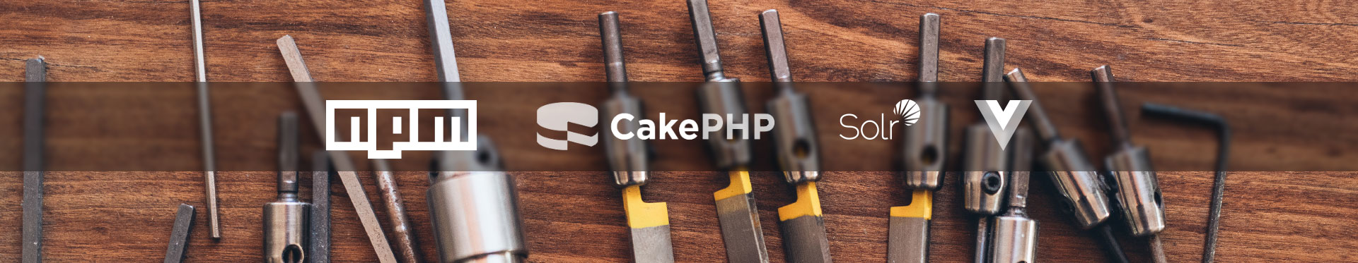 Unsere Programmiersprachen Grafik: Werkzeuge und davor die Logos von npm, Cake PHP, Solr und Vue.Js