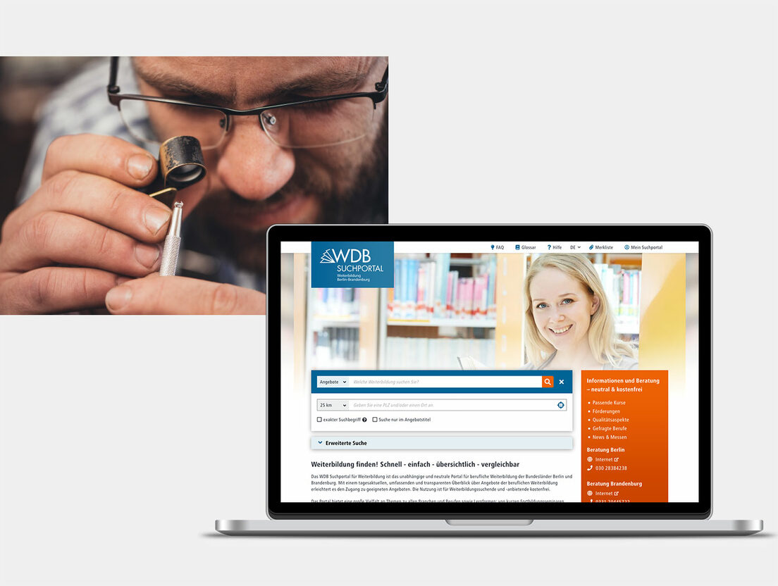 Weiterbildungen in Berlin und Brandenburg finden Grafik: Laptop mit WDB Suchportal und Foto von Mann mit Lupe