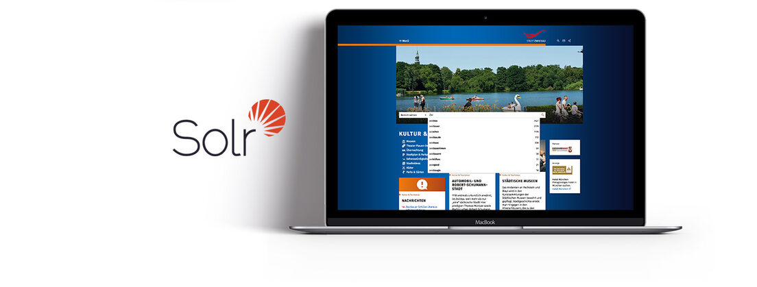 Grafik: Laptop mit der Website der Stadt Zwickau und Solr Logo