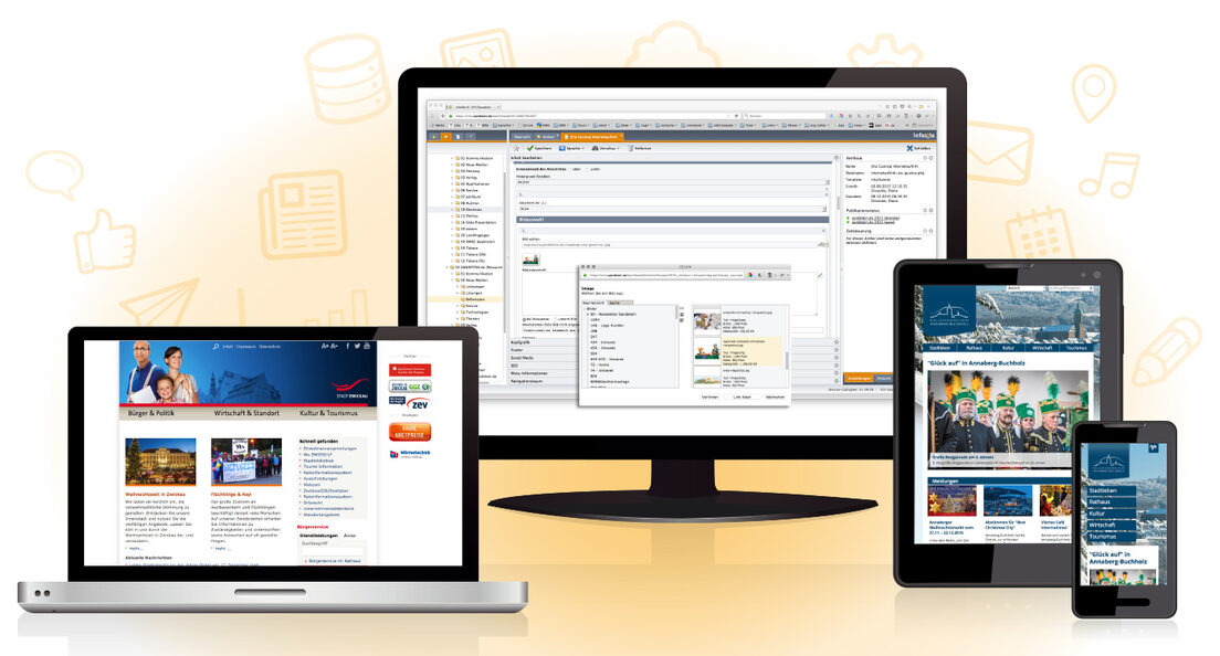 Grafik: Ausgabegeräte mit den Websites Stadt Zwickau, InfoSite 6 und Annaberg-Buchholz