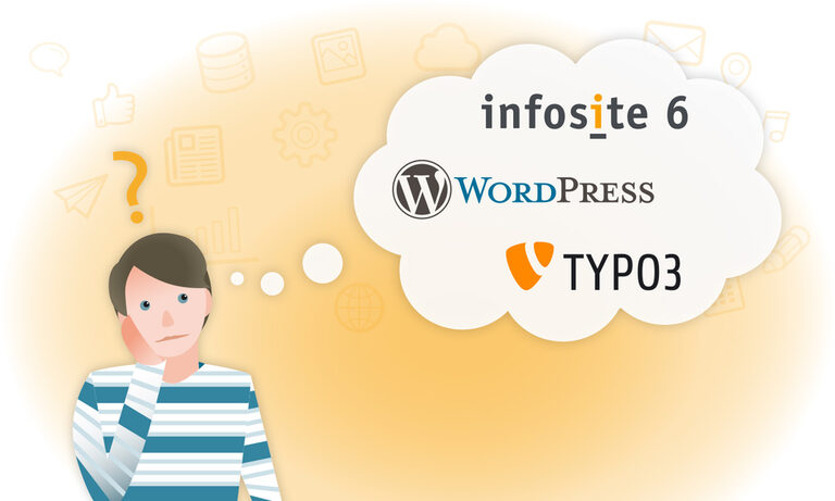 Grafik: Person, darüber ein Fragezeichen und die Logos von InfoSite 6, WordPress und TYPO3