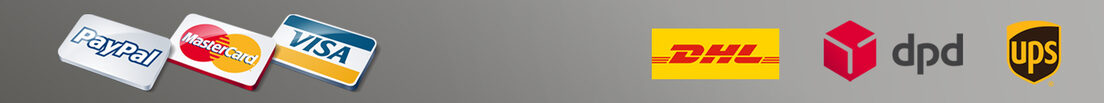 Magento liefert individualisierbare Zahlungs- und Versandoptionen Logos: PayPal, MasterCard, Visa, DHL, dpd und ups