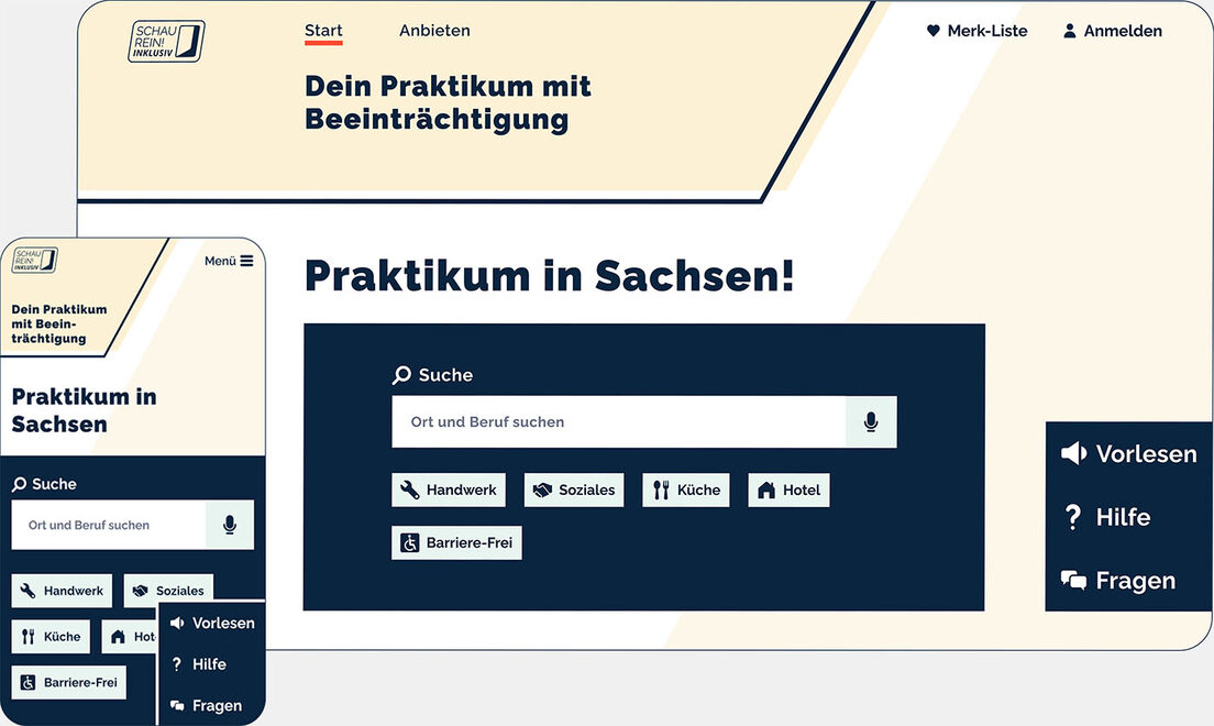 Screenshot: Webseite „Schau Rein Inklusiv“ mit Suchmaske