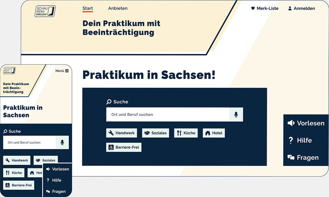 Webseite „Schau Rein Inklusiv“ mit Suchmaske Screenshot: Webseite „Schau Rein Inklusiv“ mit Suchmaske