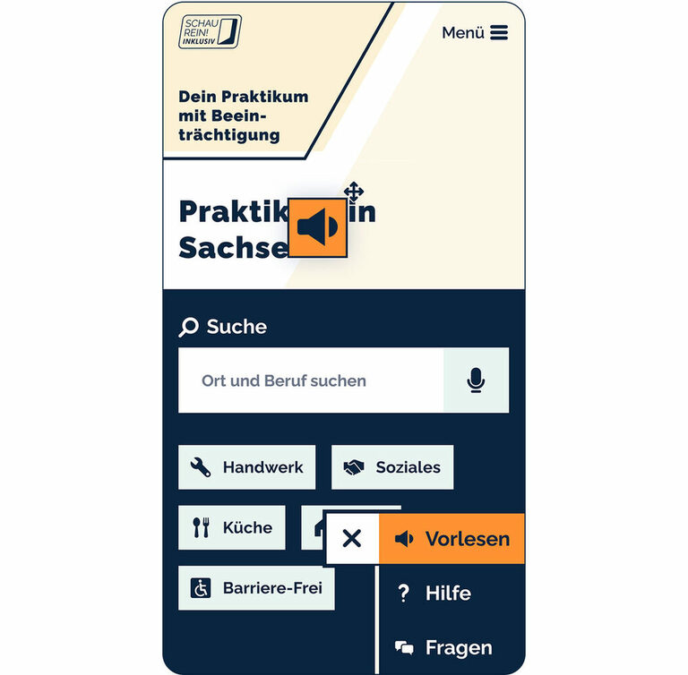 Screenshot: mobile Webseite von „Schau Rein Inklusiv!“ mit aktiver Vorlese-Funktion.