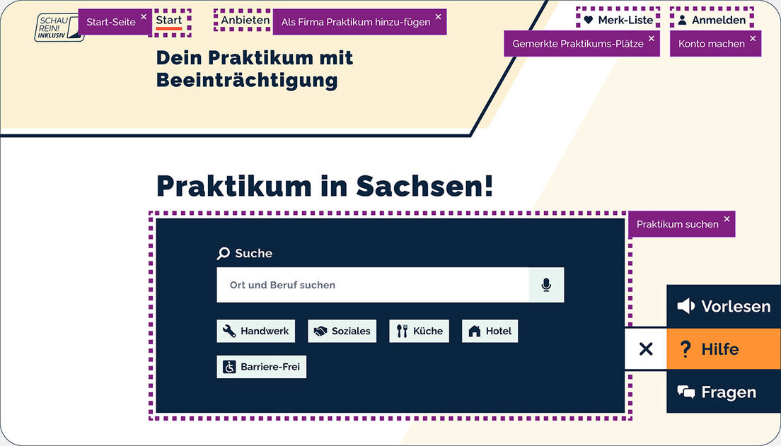 Screenshot: Die Desktop-Webseite von „Schau Rein Inklusiv!“ mit aktiver Hilfe-Funktion.