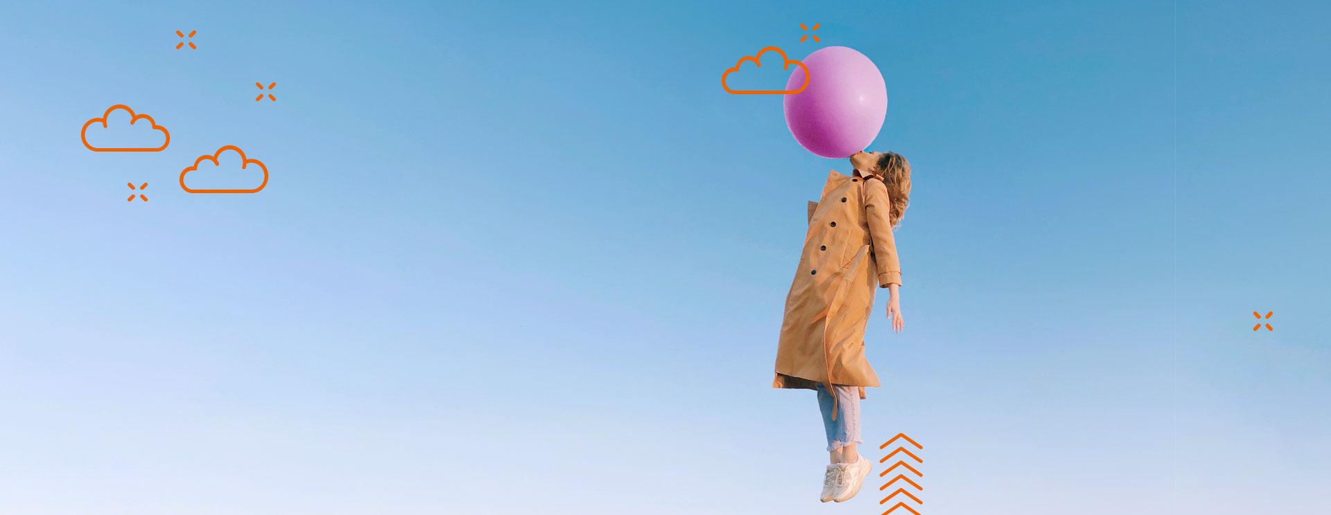 Grafik: Frau hängt an einem Ballon in einem Himmel mit Wolken