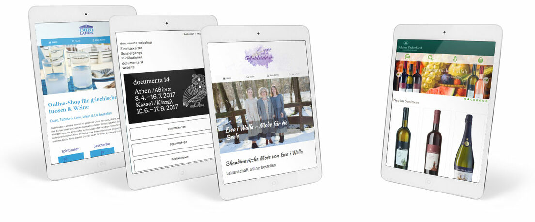 Magento Design - Dank Responsive Webdesign auf allen Endgeräten verfügbar Grafik: Tablets mit Websites von Ouzoland.de, documenta webshop, Ankleiderei und Schloss Wackerbarth