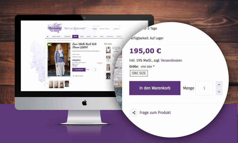 Grafik: Bildschirm mit dem Online-Shop Ankleiderei und einer Nahaufnahme vom Warenkorb Button