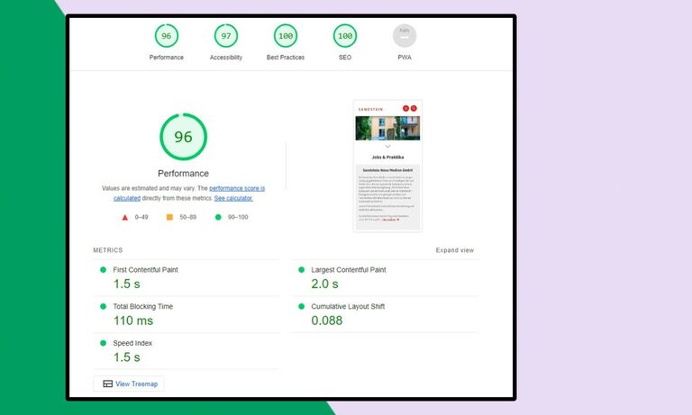 Screenshot: Google Lighthouse Ergebnis Performance